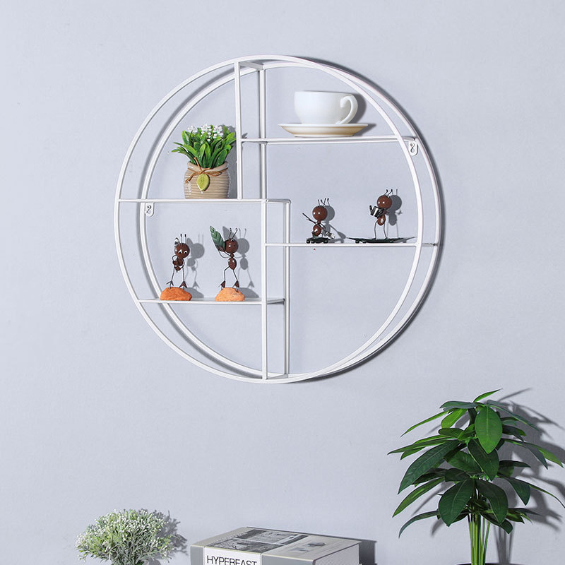 European style retro metal round floating shelf wooden wall mounted display stand wrought iron craft decorative wall shelf