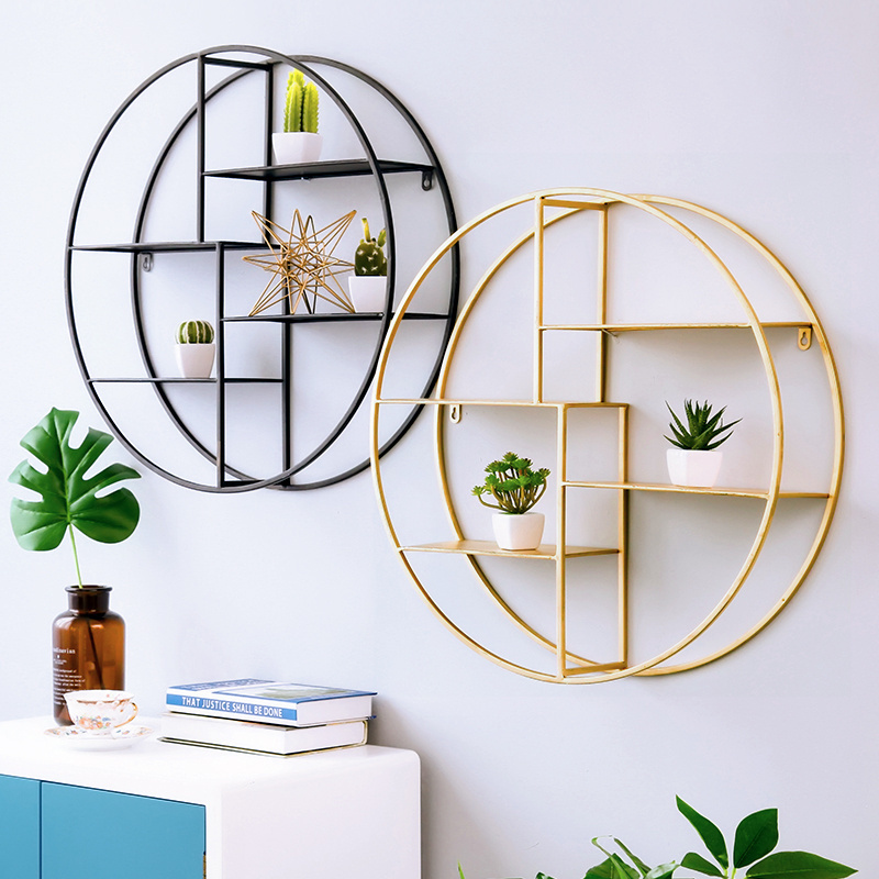 European style retro metal round floating shelf wooden wall mounted display stand wrought iron craft decorative wall shelf