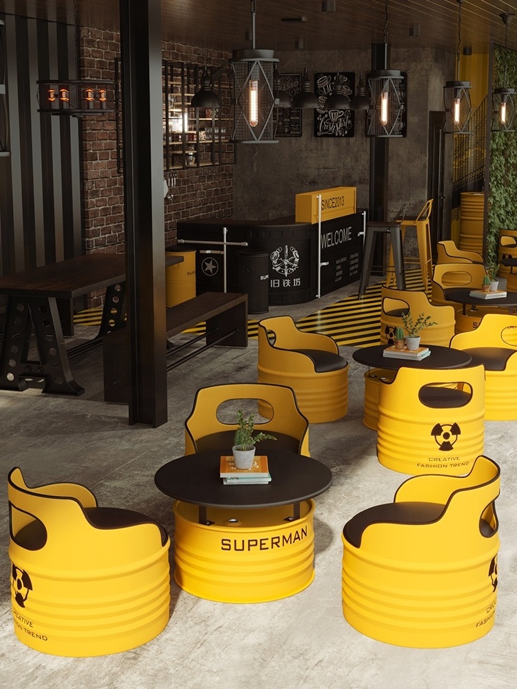 Customized Industrial Style Table and Chair Set Stools Personalized Sofa Iron Oil Drum Design Upholstered Bar KTV Dinking Shop