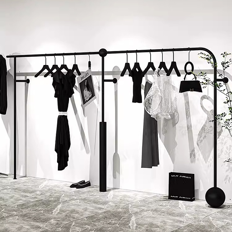 Popular Customizable black Clothing store hanging rack black floor-standing women's store shelves  display rack display racks