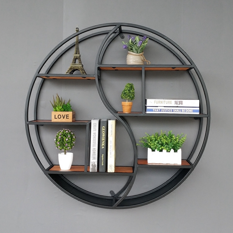 European style retro metal round floating shelf wooden wall mounted display stand wrought iron craft decorative wall shelf