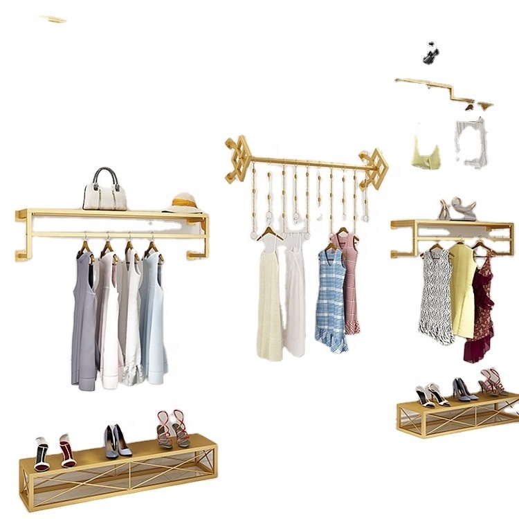 Factory Direct Commercial Clothing Store Wall-mounted Display Racks Garment Storage Racks Metal Gold Clothes Racks