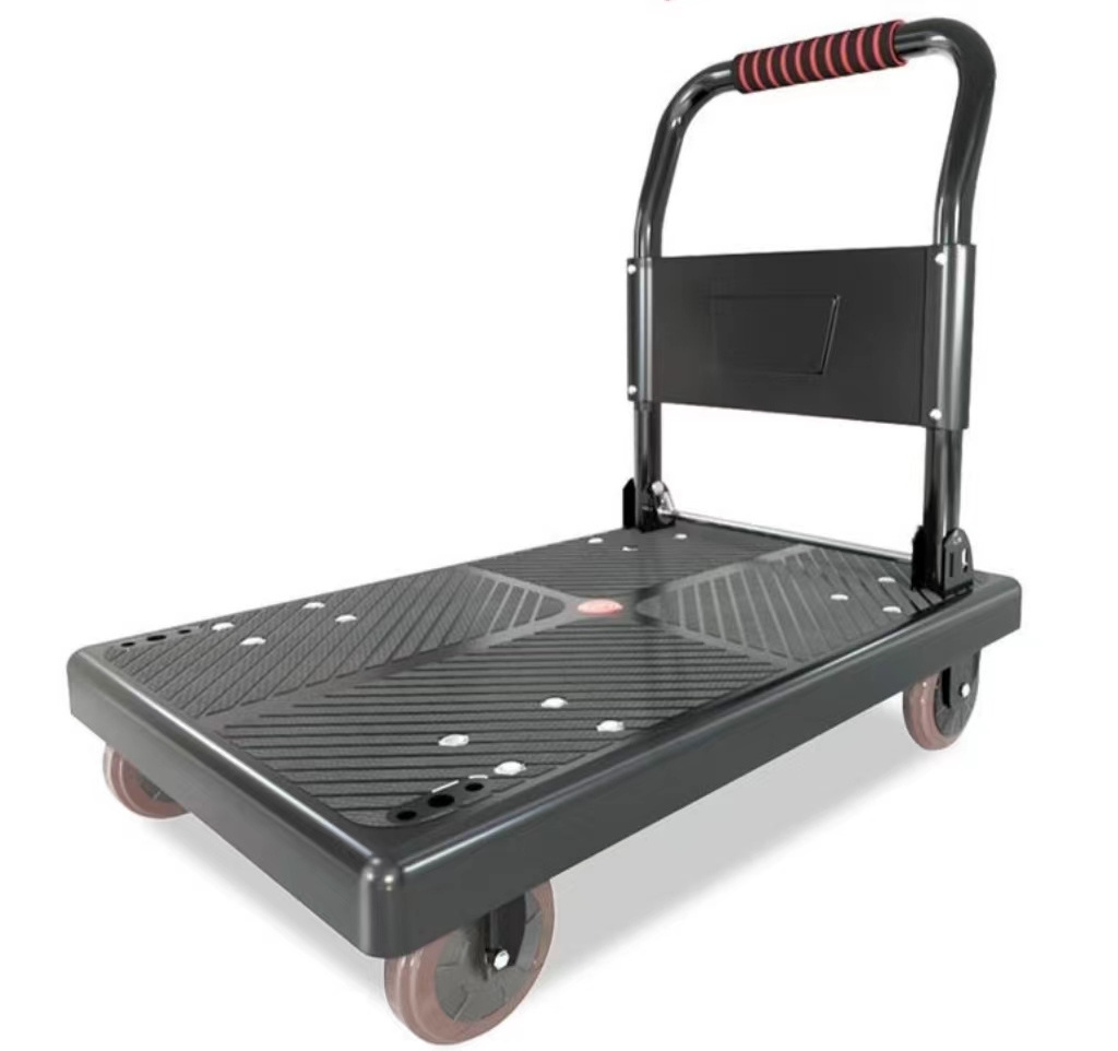 Plastic flatbed trolley foldable cargo handling trolley  noiseless warehouse transport trolley