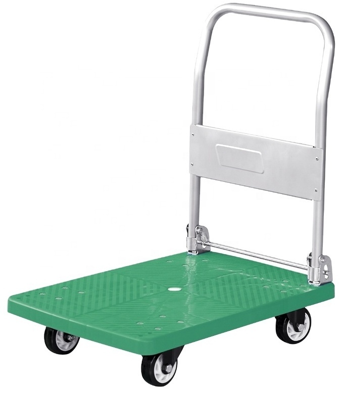 Plastic flatbed trolley foldable cargo handling trolley  noiseless warehouse transport trolley