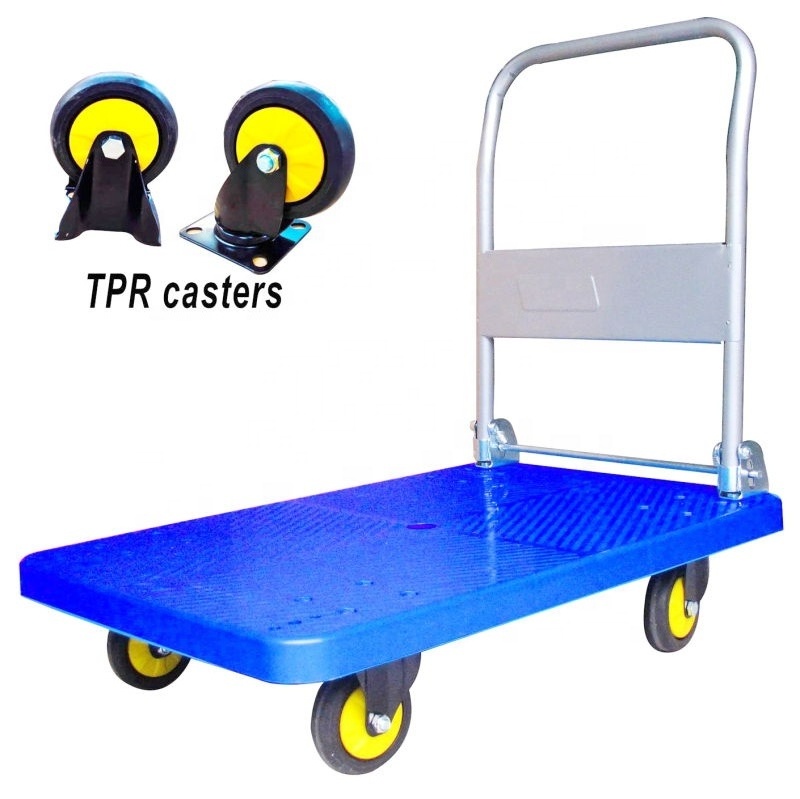 Plastic flatbed trolley foldable cargo handling trolley  noiseless warehouse transport trolley