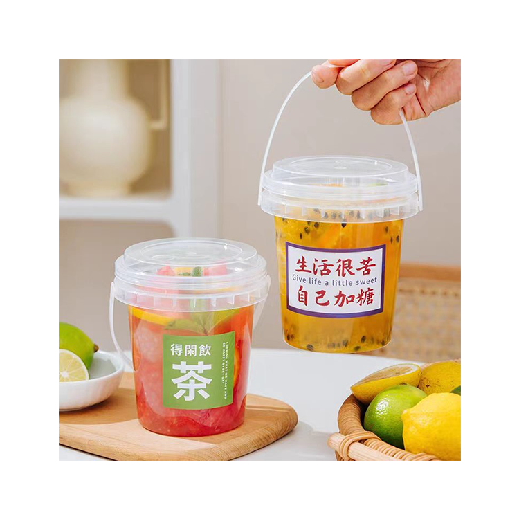 32oz snack fruit round barrel handle bucket custom logo large plastic dessert cups with lid