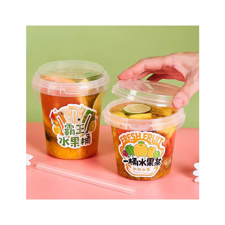 32oz snack fruit round barrel handle bucket custom logo large plastic dessert cups with lid