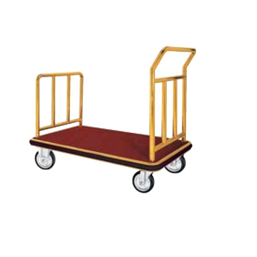 C018 Hotel Stainless Steel Hotel Lobby Luggage Bellman Trolley Cart Golden Baggage Hand Trolley Cart with Red Carpet