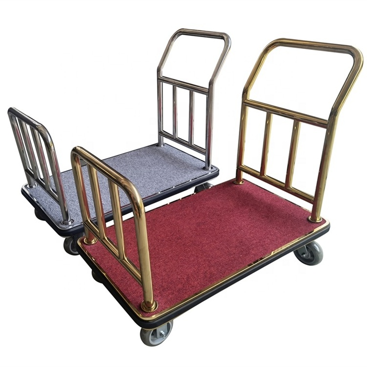 C018 Hotel Stainless Steel Hotel Lobby Luggage Bellman Trolley Cart Golden Baggage Hand Trolley Cart with Red Carpet