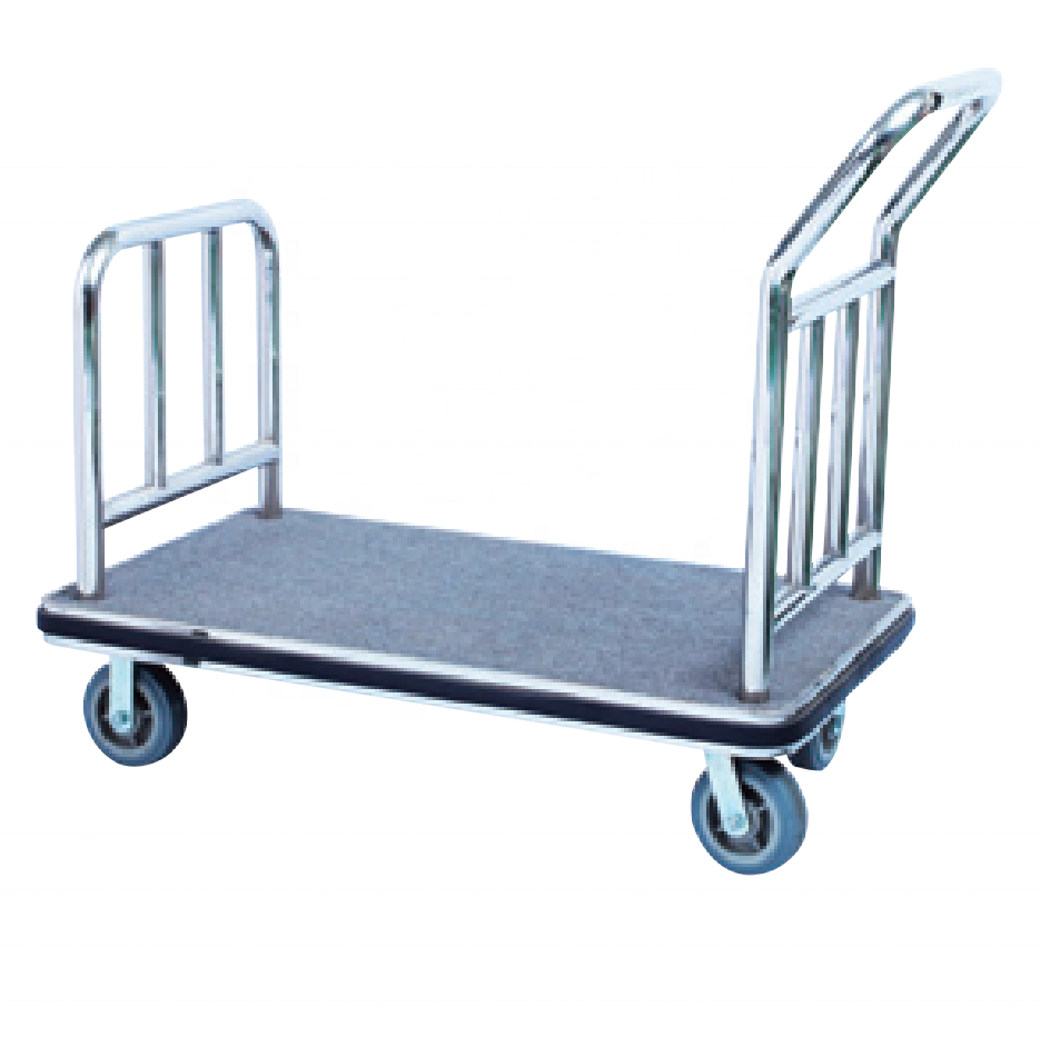 C018 Hotel Stainless Steel Hotel Lobby Luggage Bellman Trolley Cart Golden Baggage Hand Trolley Cart with Red Carpet