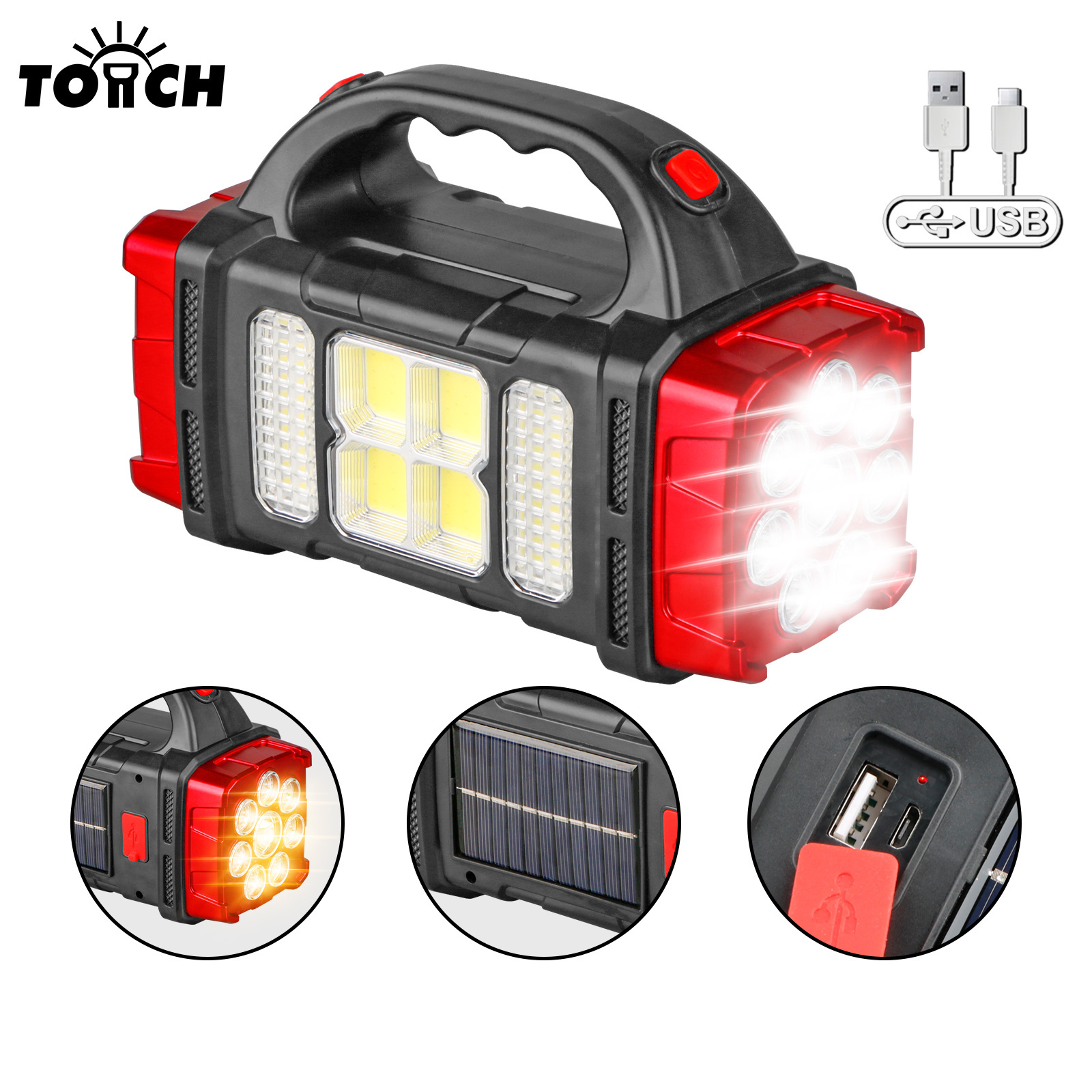 Multifunctional Solar Handheld Flashlight With Power Bank LED USB Rechargeable Work Torch For Camping Fishing Searching