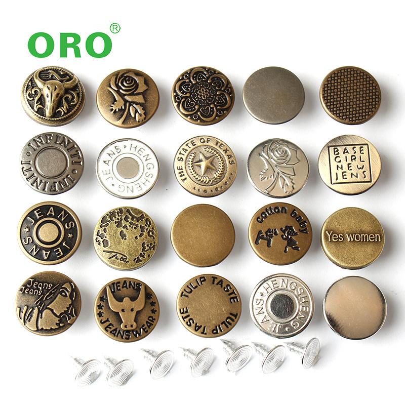 Wholesale High Quality Embossed Antique Brass Tack Buttons Custom Metal Jeans Shank Button For Clothing