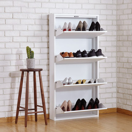 Wall Mounted Shoe Rack Fully Assembly White 4 Tire Steel Shoe Cabinet With Magnetic Drawer