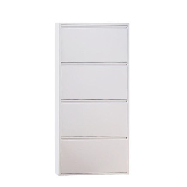 Wall Mounted Shoe Rack Fully Assembly White 4 Tire Steel Shoe Cabinet With Magnetic Drawer