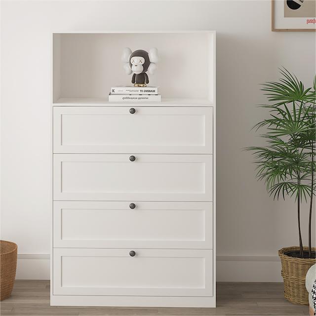 2023 latest design white side Storage Cabinet with 4 drawers and 1 open storage shelf, drawer chest storage cabinet