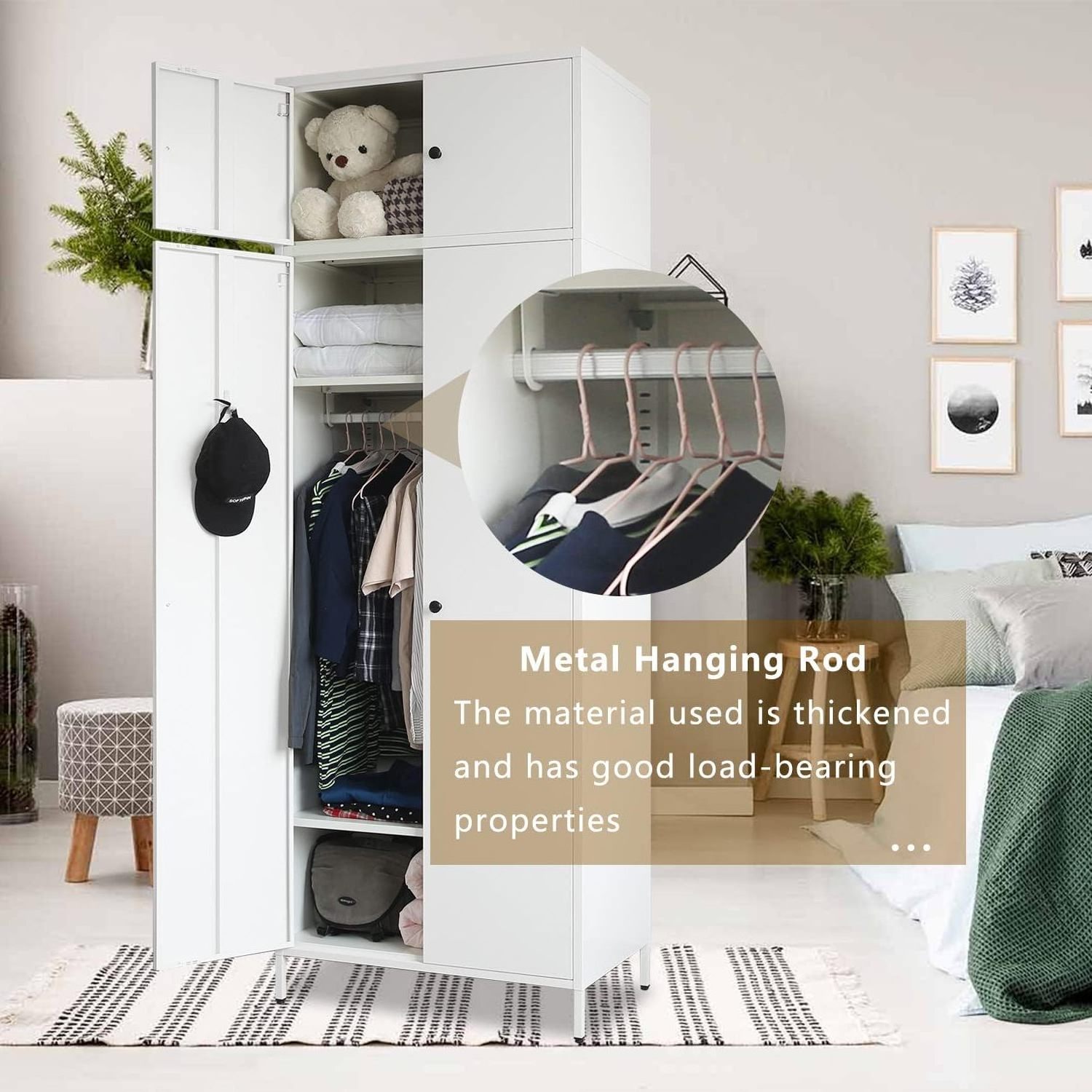 Steel Wardrobe Closet Metal Armoire and Wardrobes with Adjustable Hanging Rod Top Cabinet