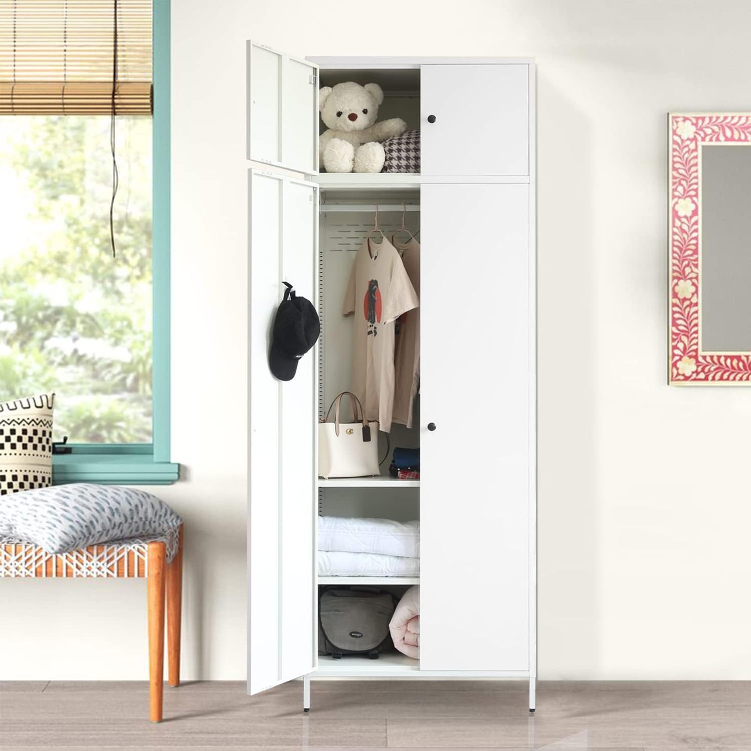 Steel Wardrobe Closet Metal Armoire and Wardrobes with Adjustable Hanging Rod Top Cabinet