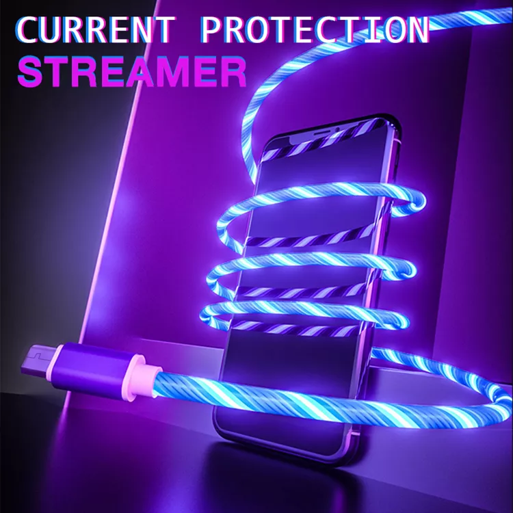 1M 2M Streamer led flowing light Fast Charging Micro Type c 2.4A Quick Charger Led Charging USB Mobile Phone Cable