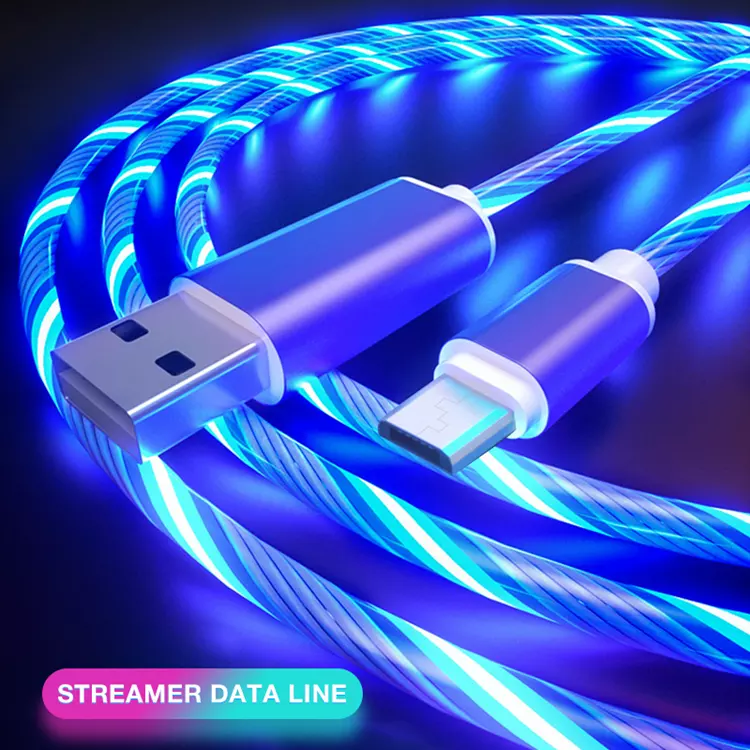 1M 2M Streamer led flowing light Fast Charging Micro Type c 2.4A Quick Charger Led Charging USB Mobile Phone Cable