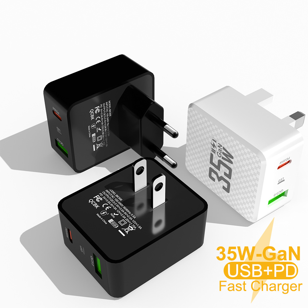 Gan Technology US EU UK Gan Charger Dual Ports 9V 12V PD USB-C 35W QC3.0 USB 35W Fast Wall Charger For CellPhone TYPE C Charger