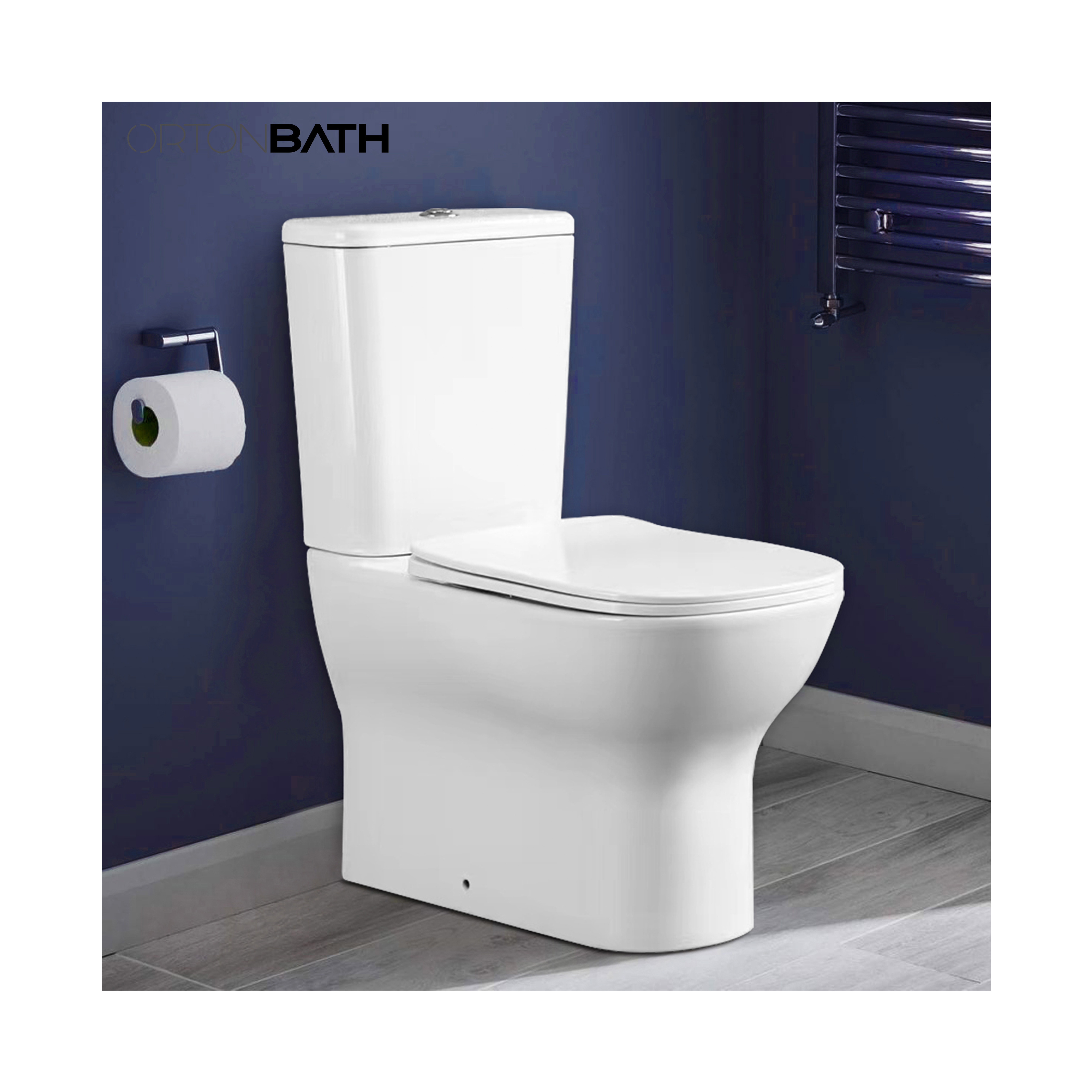 ORTONBATH Rimless Fully Back to Wall two piece Toilet close coupled toilet bowl seat p trap toilet with Soft Close Seat