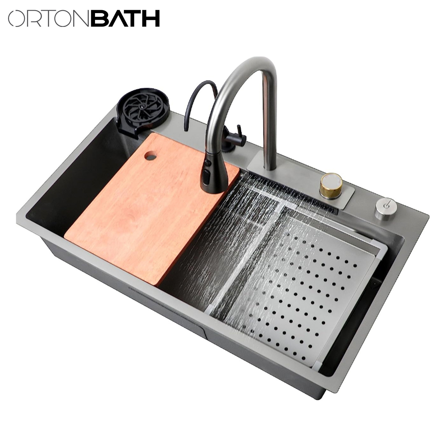 ORTONBATH Waterfall Kitchen Sink Set 304 Stainless Steel Sink Home Sink Vegetable Basin with Pull-Out Faucet