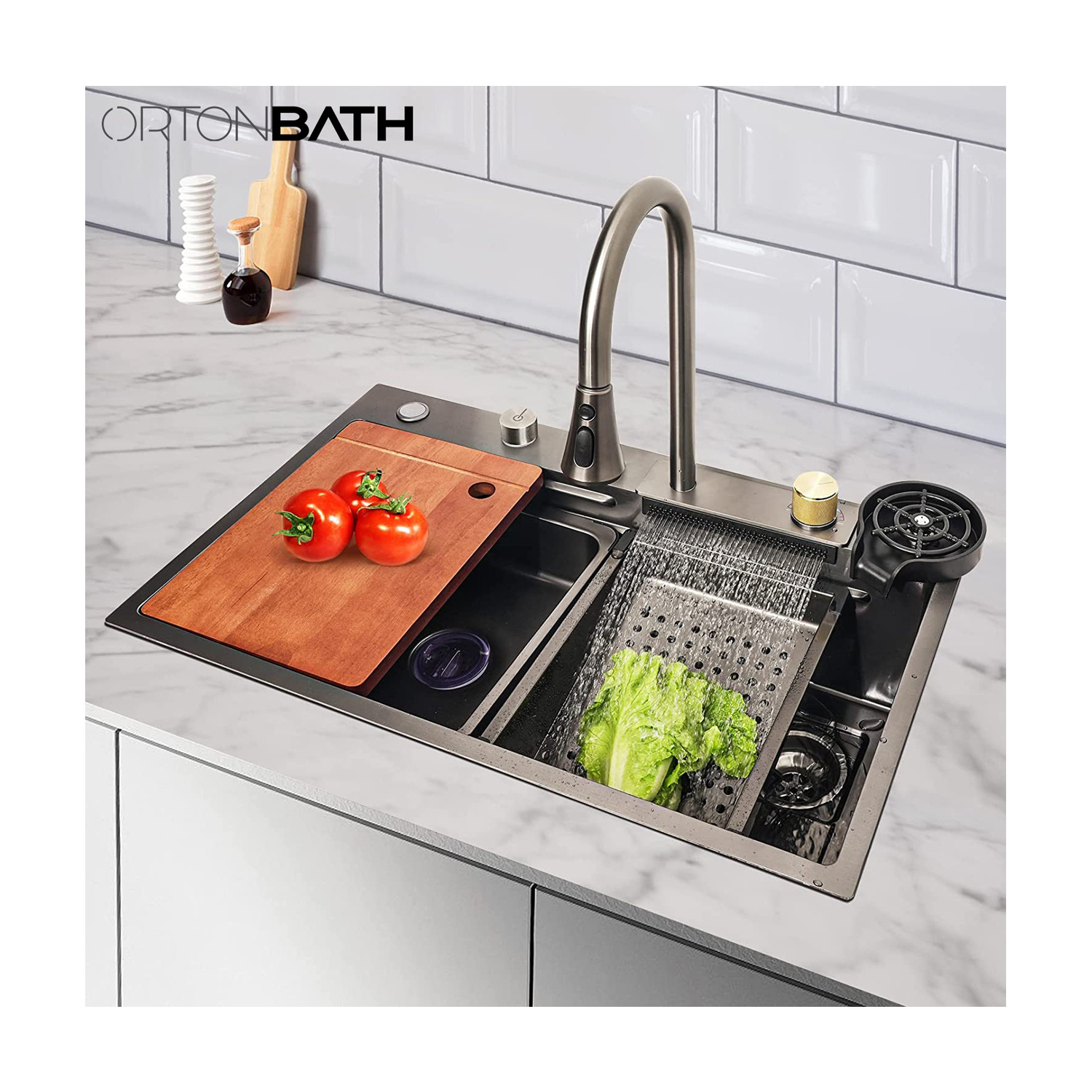 ORTONBATH Waterfall Kitchen Sink Set 304 Stainless Steel Sink Home Sink Vegetable Basin with Pull-Out Faucet