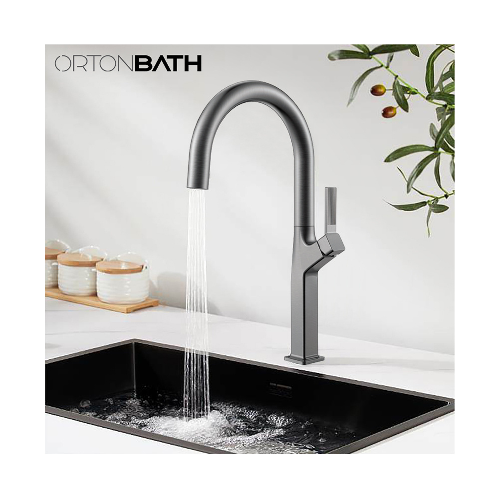 ORTONBATH modern gun metal grey Copper pull out Water fall Rainfall Revolving Kitchen Faucet Kitchen Sink mixer  Faucet