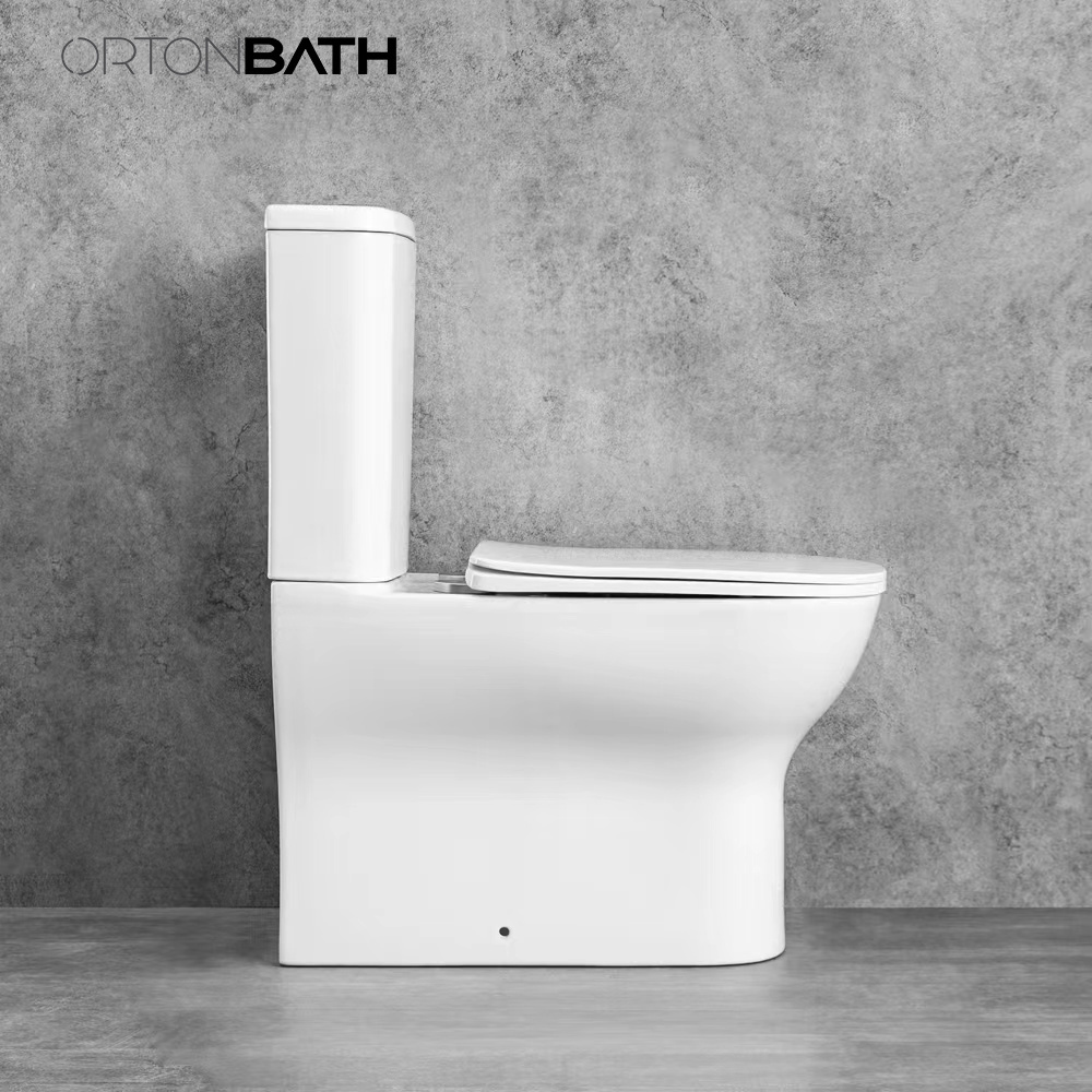 ORTONBATH Rimless Fully Back to Wall two piece Toilet close coupled toilet bowl seat p trap toilet with Soft Close Seat