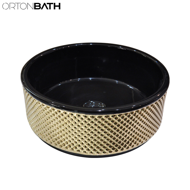 ORTONBATH Round Gold Black Stone Design Middle East Glossy Bathroom Vessel Sink Art Hair Ceramic Salon Wash Basins Ceramic Wash