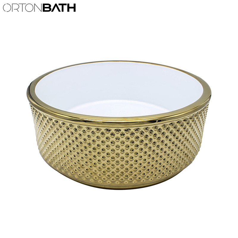 ORTONBATH Round Gold Black Stone Design Middle East Glossy Bathroom Vessel Sink Art Hair Ceramic Salon Wash Basins Ceramic Wash