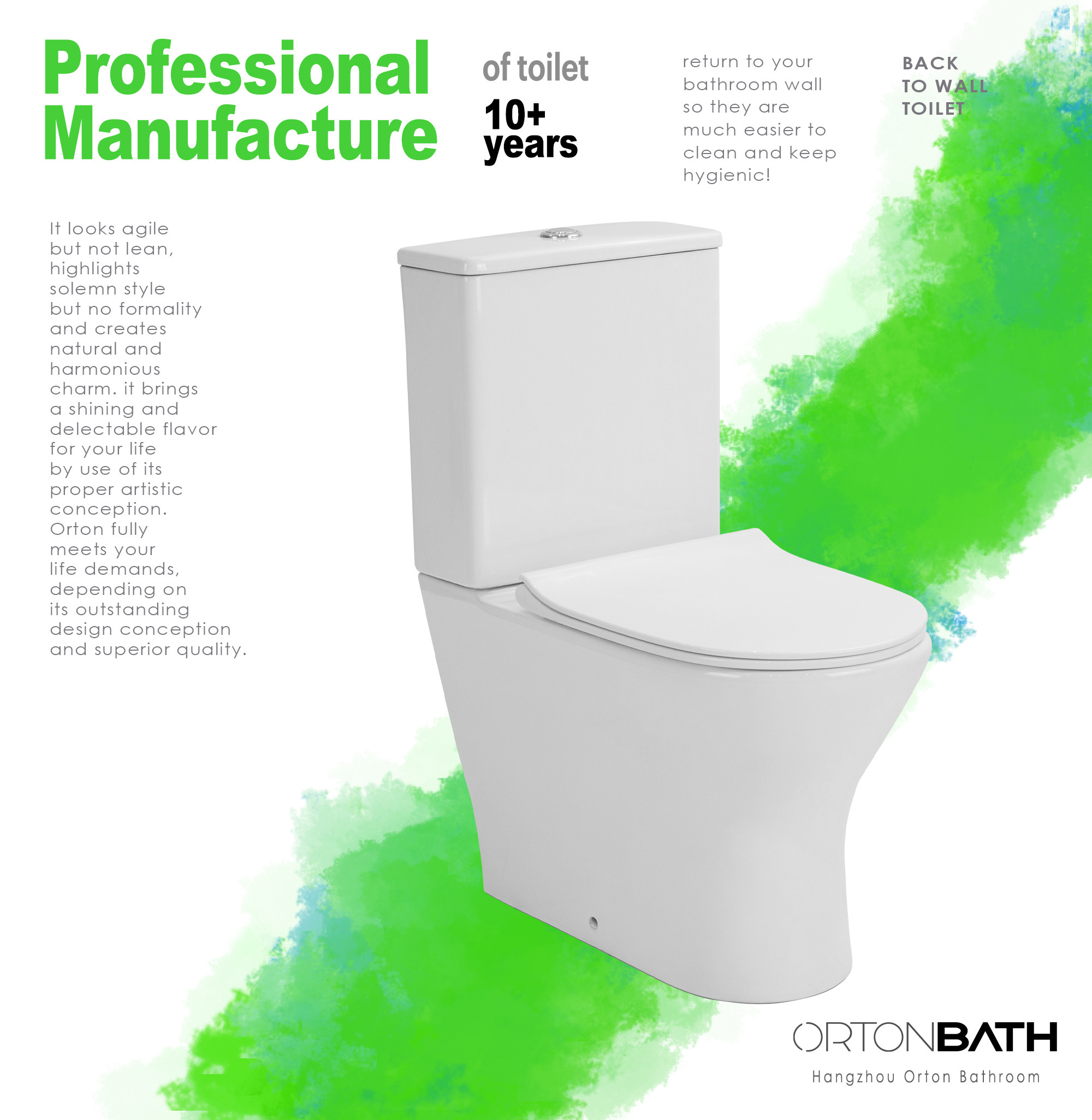 ORTONBATH EUROPE HOT SELLING FULLY BACK TO WALL TWO PIECE TOILET WC TOILET BOWL WITH SOFT CLOSE PP/UF SEAT COVER