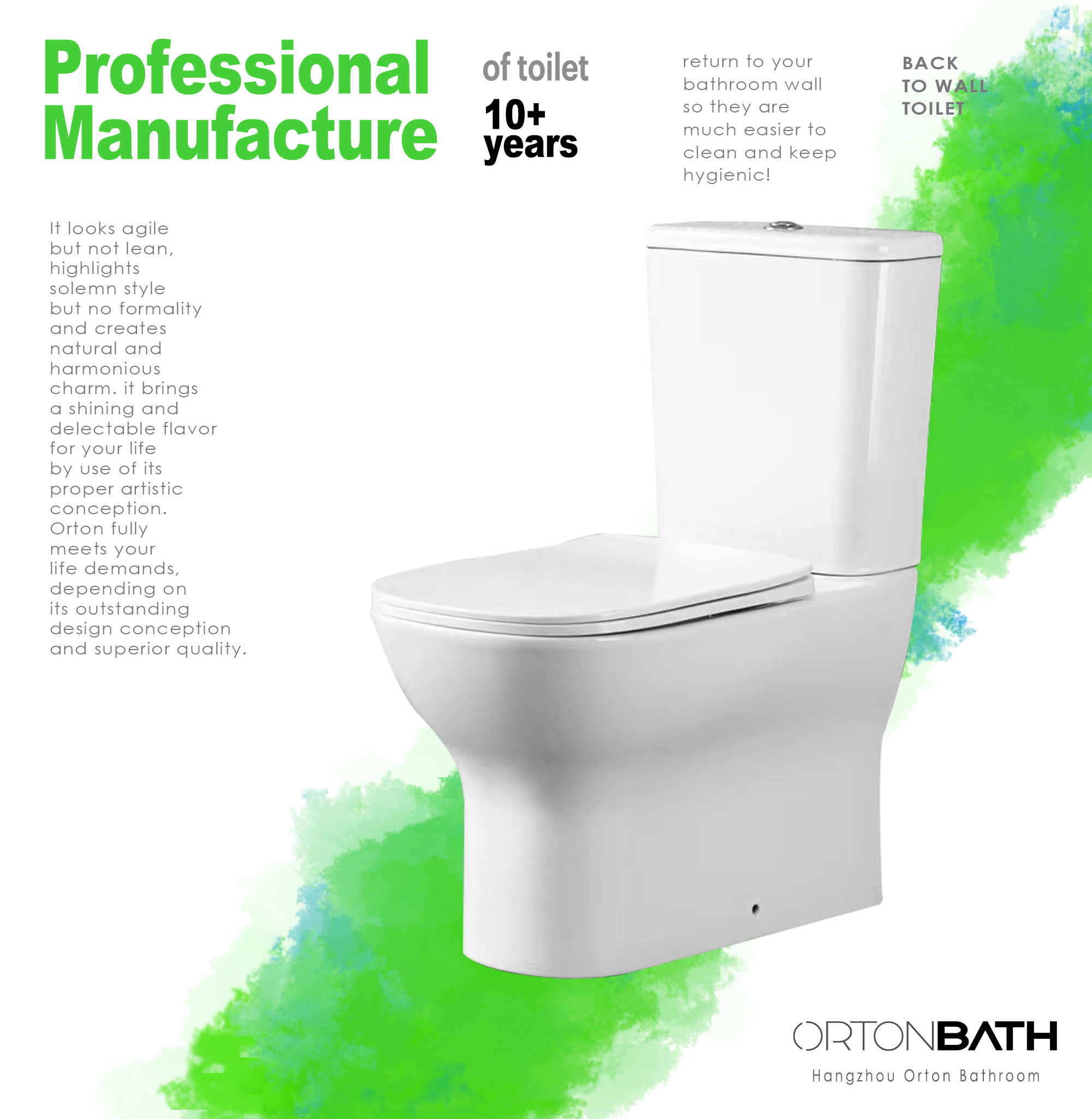 ORTONBATH Rimless Fully Back to Wall two piece Toilet close coupled toilet bowl seat p trap toilet with Soft Close Seat