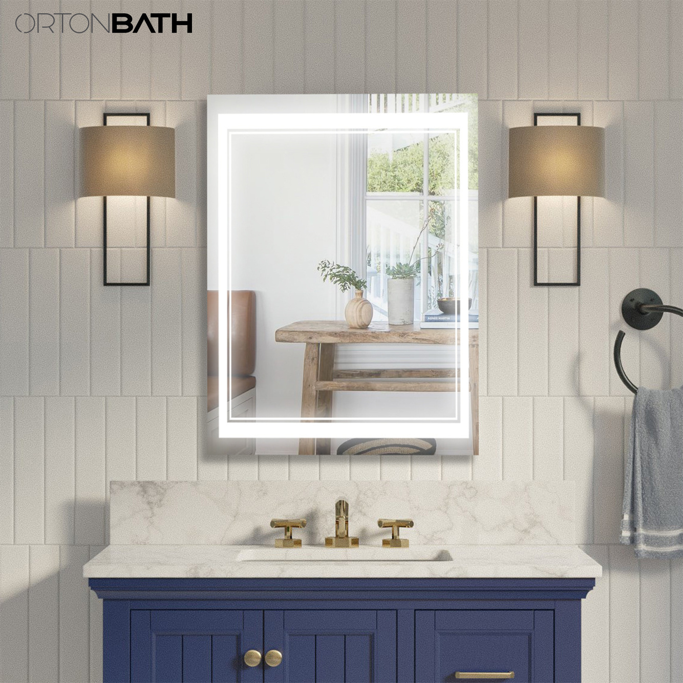 ORTONBATH Rectangular Beveled Customized Size Multi-function Led  Bathroom Smart Mirror Touch Screen Glass