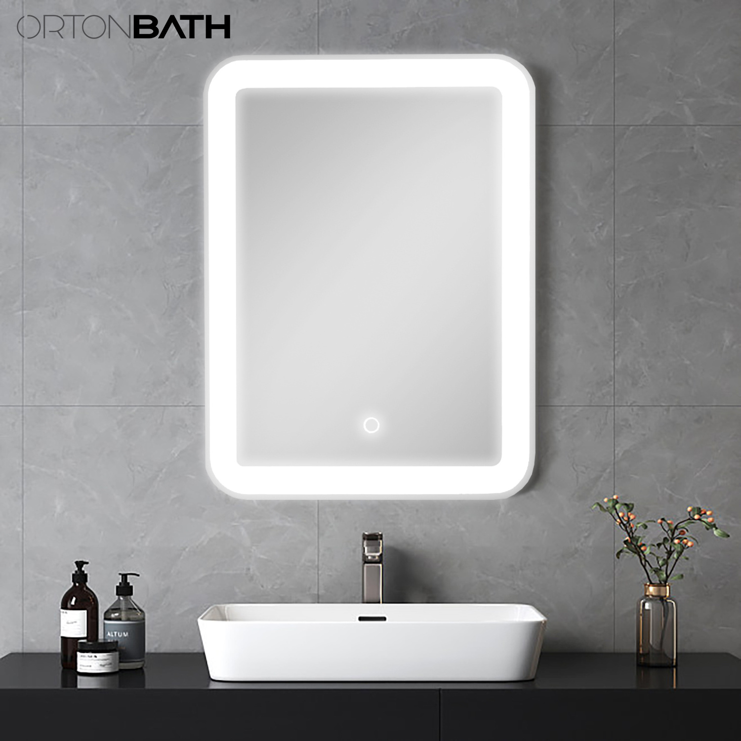 ORTONBATH Rectangular Beveled Customized Size Multi-function Led  Bathroom Smart Mirror Touch Screen Glass