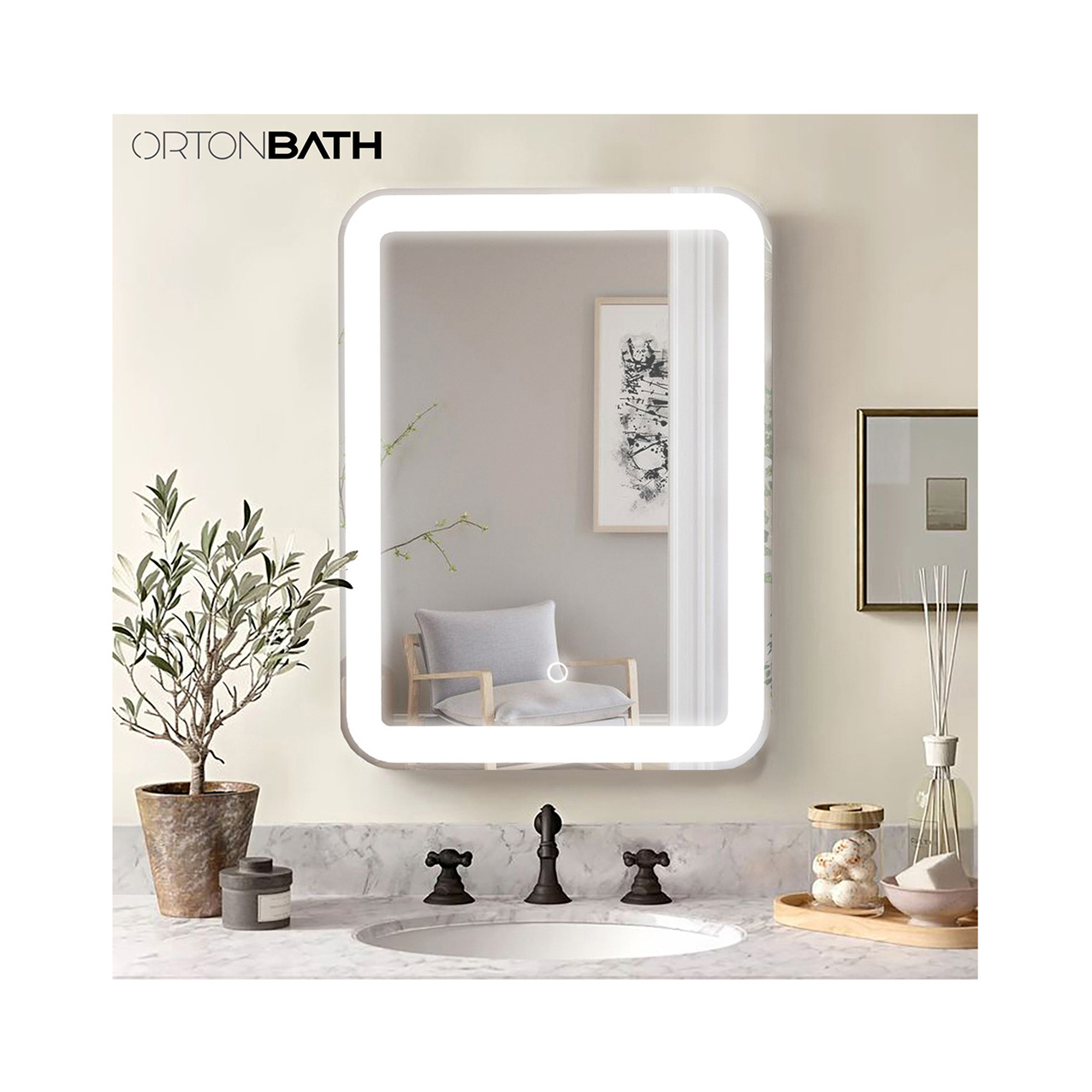 ORTONBATH Rectangular Beveled Customized Size Multi-function Led  Bathroom Smart Mirror Touch Screen Glass