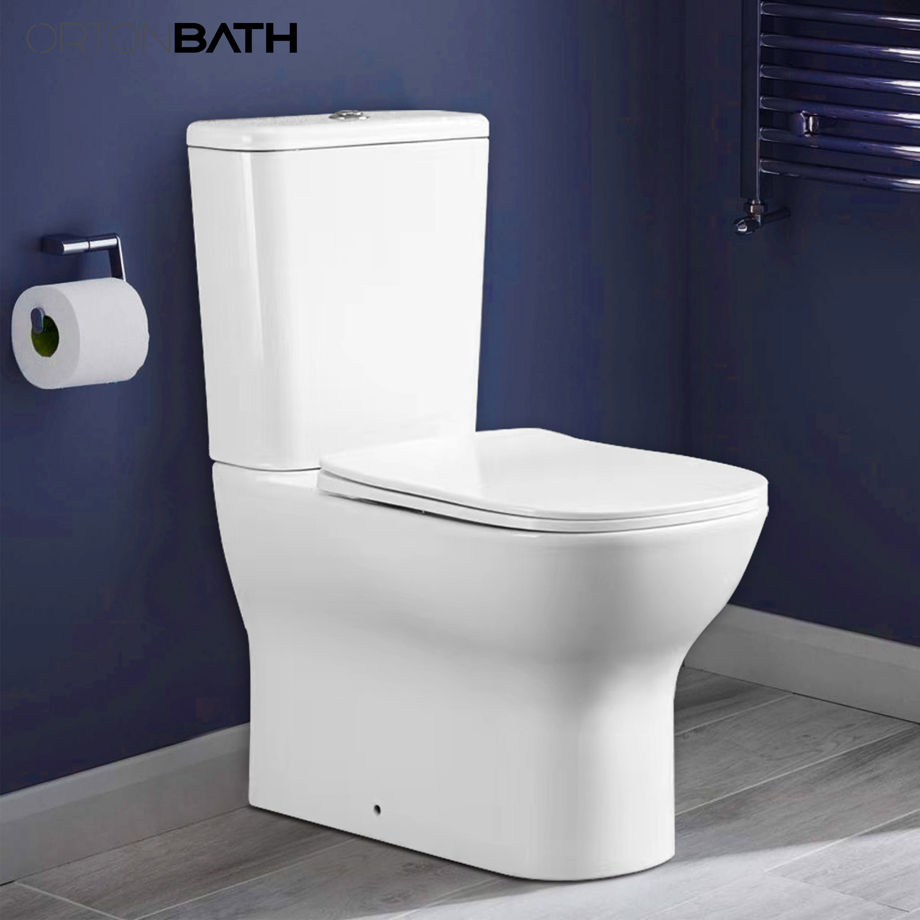 ORTONBATH Rimless Fully Back to Wall two piece Toilet close coupled toilet bowl seat p trap toilet with Soft Close Seat