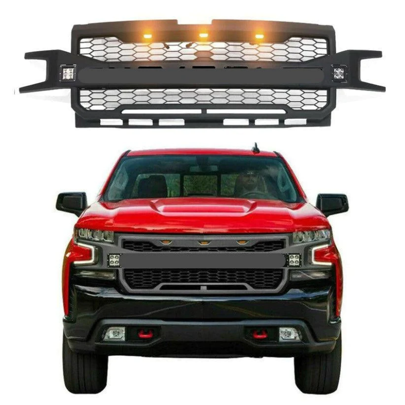 Matte Black Front Grill for 2019-2020 Silverado 1500 Includes Middle and Side Lights & Letters