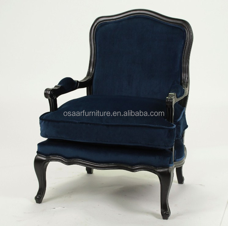 Black Solid Wood Royal Blue Velvet Classic French Style Antique Bergere Arm Chairs