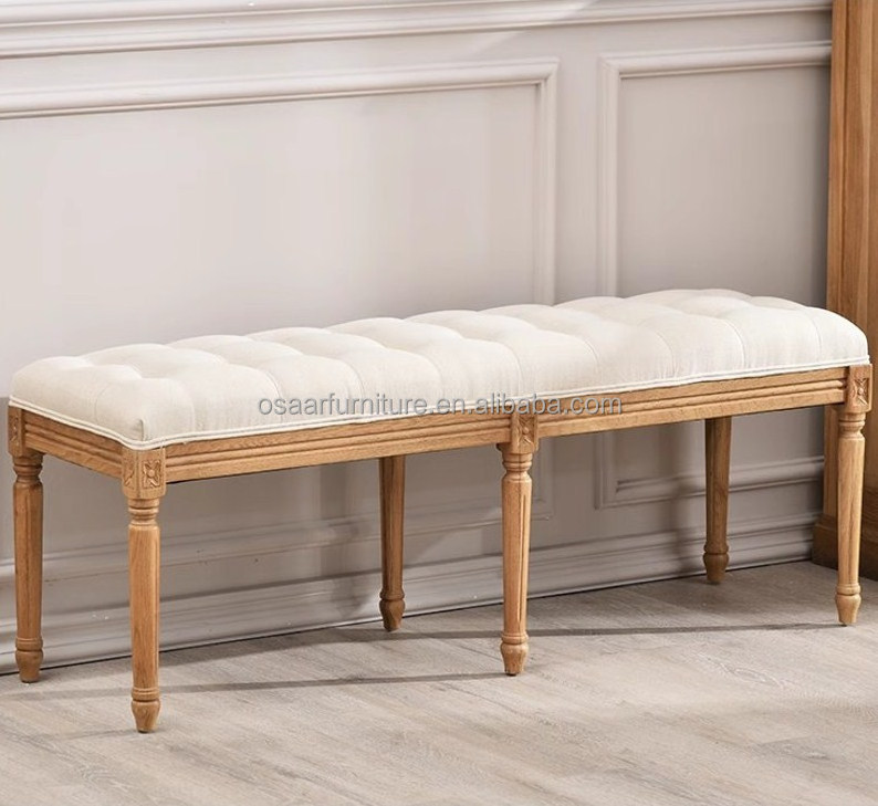 French Vintage Style Tufted Beige Linen Hand Carved Wooden Hallway Living Room Shoe Bench