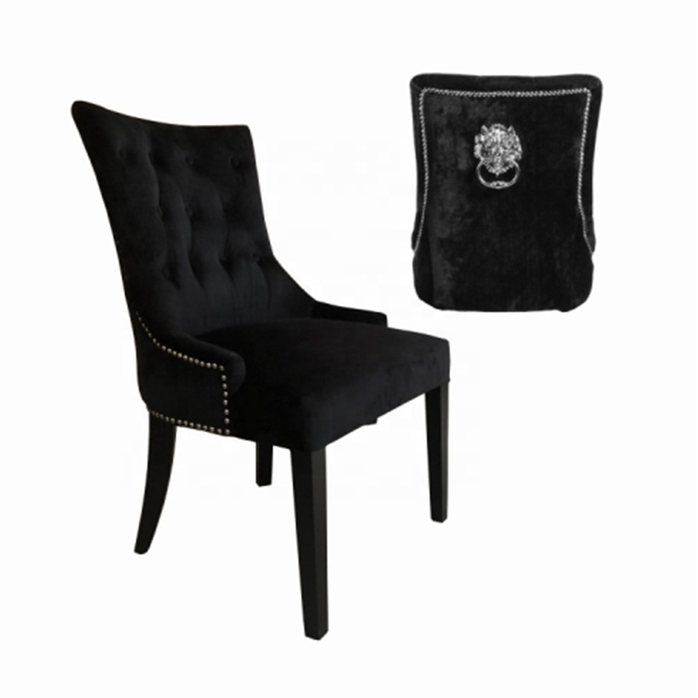 Accent British Style Black Velvet Tufted Lion Head Knocker Back Restaurant Dining Chairs