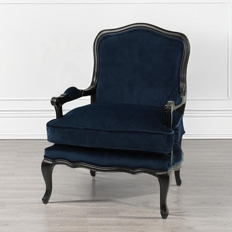 Black Solid Wood Royal Blue Velvet Classic French Style Antique Bergere Arm Chairs