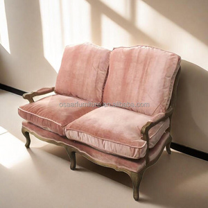 Vintage French Style Pink Velvet Solid Wood 2 Seater Couch Loveseat Rattan Sofa Furniture