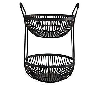 Fruit Basket Metal High Quality with Round Wooden Plated Inside Matte Black Wire Dining Table Basket