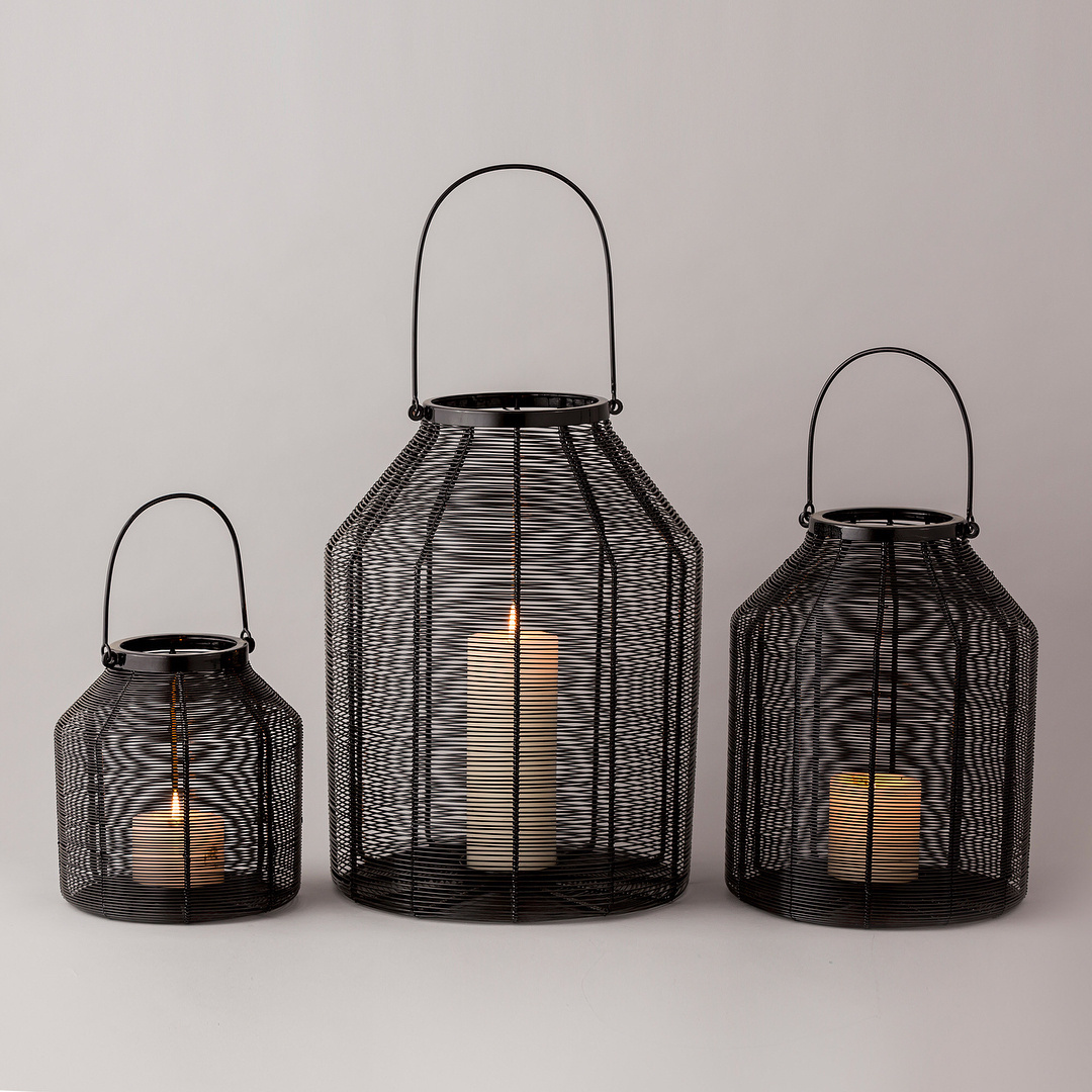 Interior Home Decoration Lantern Luxury Metal Black Wire Large Set of 3 Lantern Wedding Candle for Garden With Handle