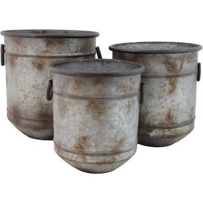 High Quality Galvanized Metal Planter Pots Drum Shape With Handles Ructic Copper Rims New Design Decorative Flower Pots