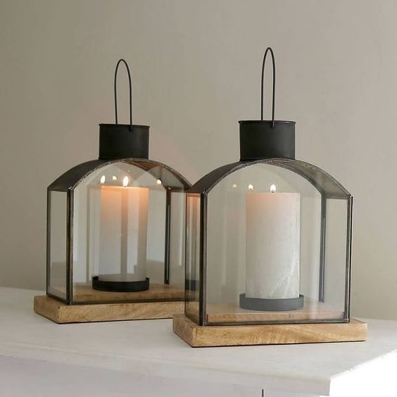 Matte Black Decorative Lantern with Upper Bowl Shape Design Square Home Decor Candle Lantern