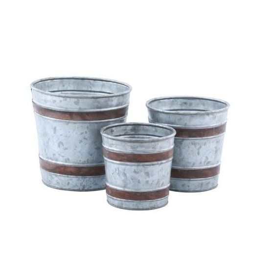 High Quality Galvanized Metal Planter Pots Drum Shape With Handles Ructic Copper Rims New Design Decorative Flower Pots