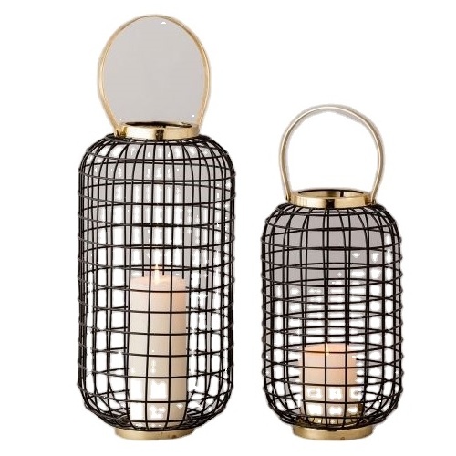 Black and Golden Round Wire Lantern With Handle Candle Holder Lantern For Wedding Party