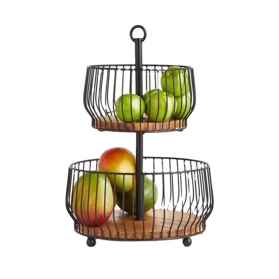 Fruit Basket Metal High Quality with Round Wooden Plated Inside Matte Black Wire Dining Table Basket